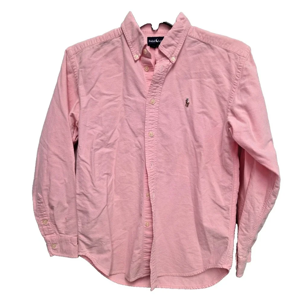 Ralph Lauren Boys Pink Oxford Button Down Shirt Size Large 14 Flesh Pony Logo
